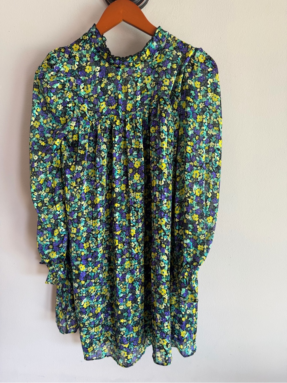 Zara Floral Mini Dress Purple Yellow Green‎ Ruffle Neck Long Sleeve Babydoll M